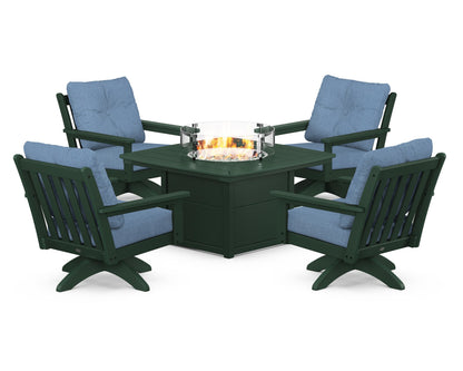 POLYWOOD® Vineyard 5-Piece Deep Seating Swivel Conversation Set with Fire Pit Table in Green / Sky Blue