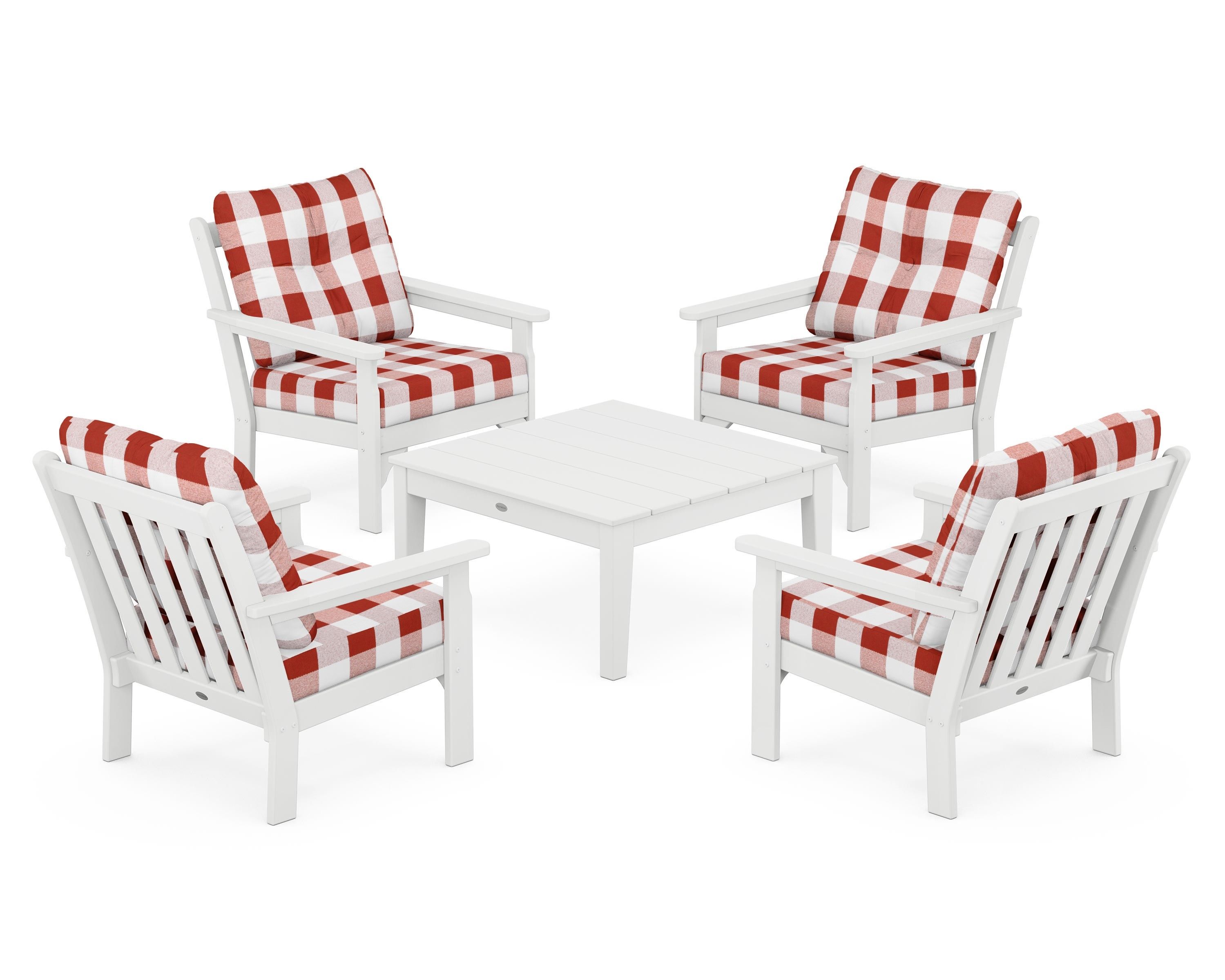 POLYWOOD® Vineyard 5-Piece Deep Seating Conversation Set in White / Buffalo Plaid Crimson
