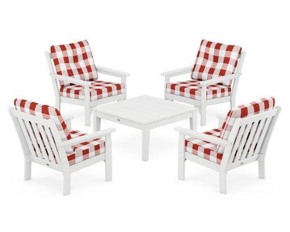 POLYWOOD® Vineyard 5-Piece Deep Seating Conversation Set in White / Buffalo Plaid Crimson