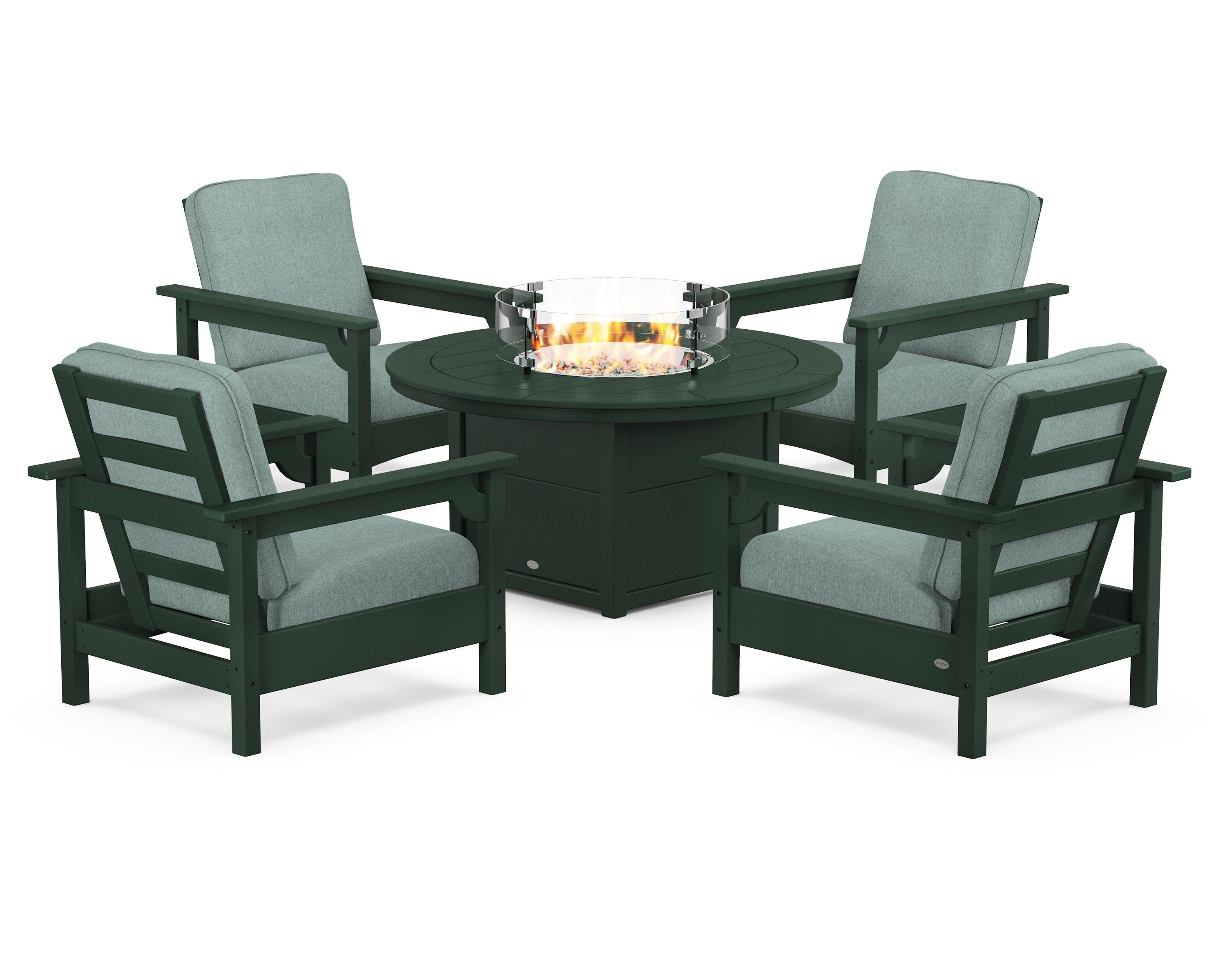POLYWOOD® Club 5-Piece Conversation Set with Fire Pit Table in Green / Glacier Spa