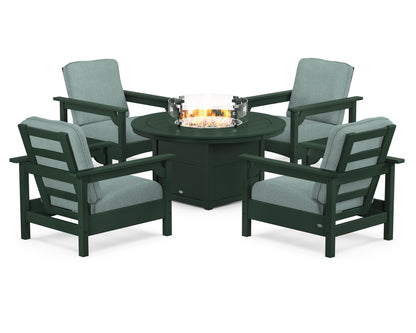 POLYWOOD® Club 5-Piece Conversation Set with Fire Pit Table in Green / Glacier Spa