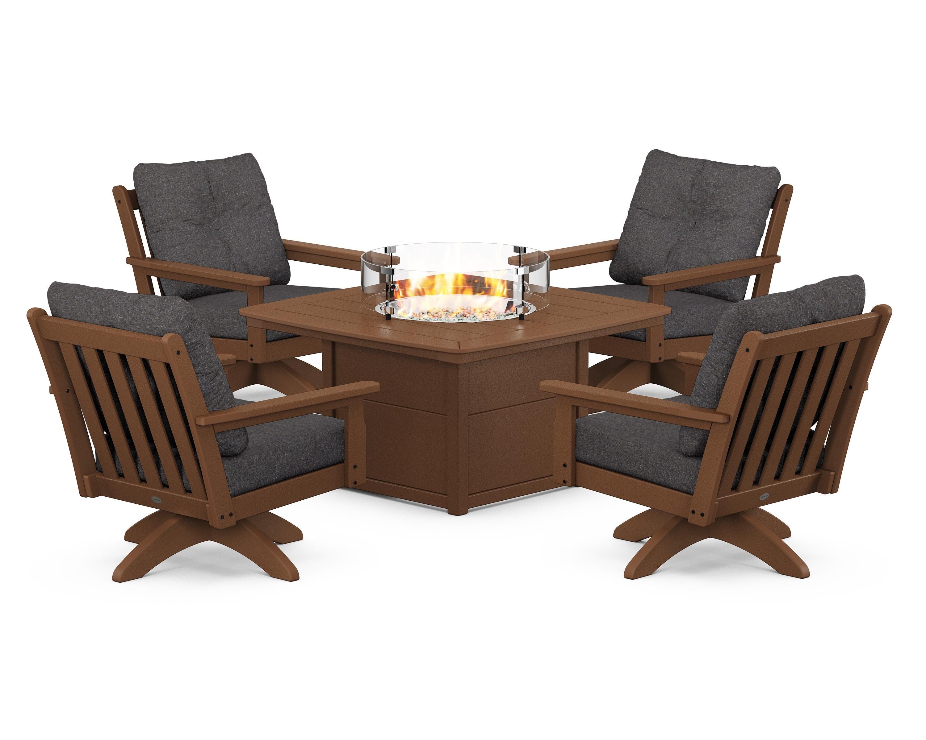POLYWOOD® Vineyard 5-Piece Deep Seating Swivel Conversation Set with Fire Pit Table in Teak / Ash Charcoal