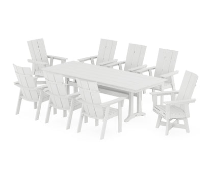 POLYWOOD® Modern Curveback Adirondack Swivel 9-Piece Farmhouse Dining Set with Trestle Legs in White