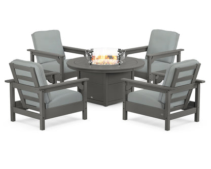POLYWOOD® Club 5-Piece Conversation Set with Fire Pit Table in Slate Grey / Spa