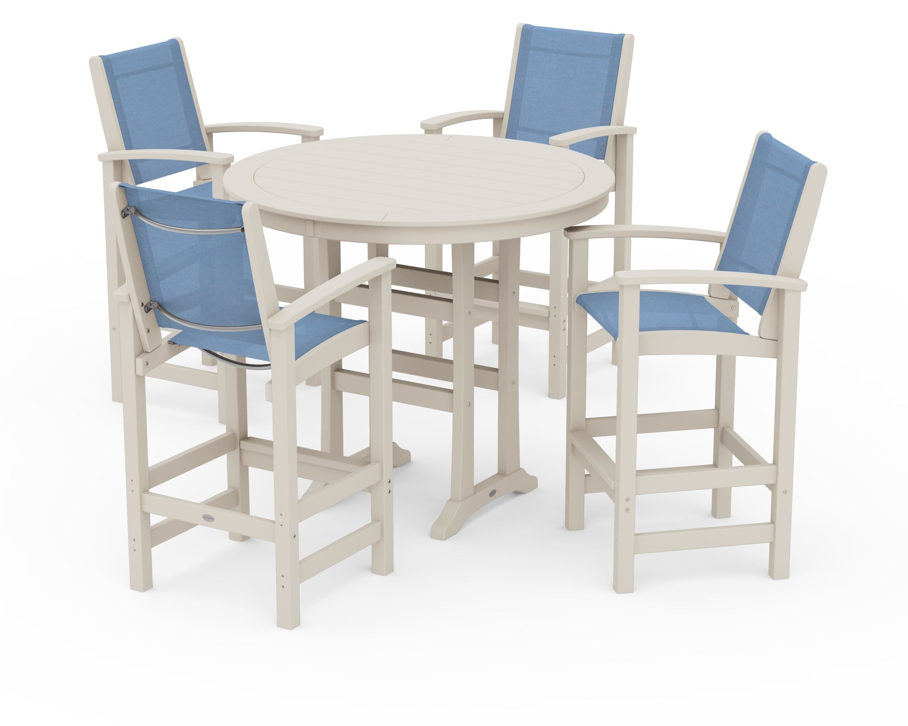 POLYWOOD® Coastal 5-Piece Nautical Trestle Bar Set in Sand / Poolside Sling