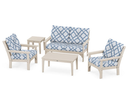 POLYWOOD® Vineyard 5-Piece Deep Seating Set in Sand / Trellis Sky Blue