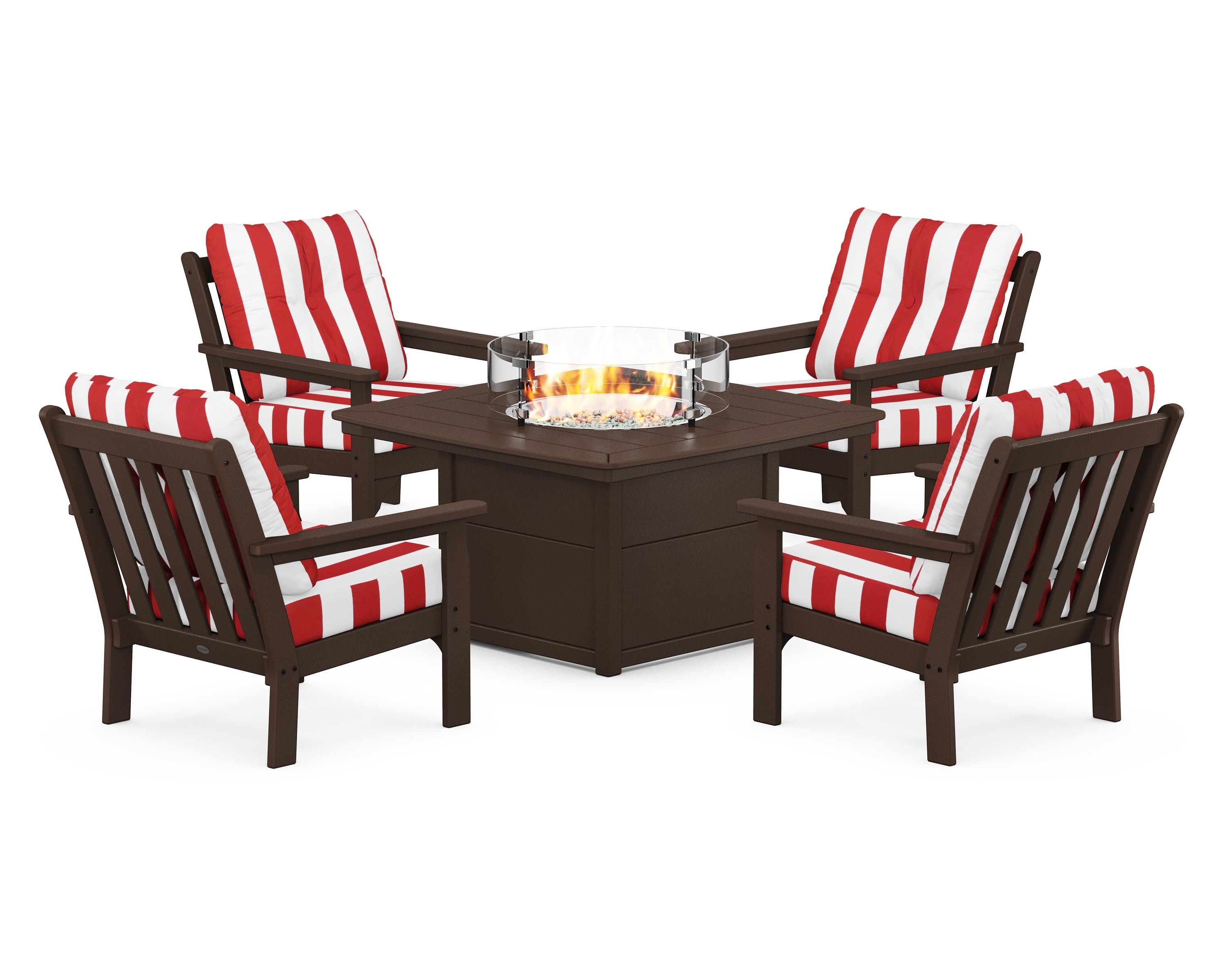 POLYWOOD® Vineyard 5-Piece Conversation Set with Fire Pit Table in Mahogany / Cabana Stripe Crimson