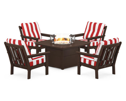 POLYWOOD® Vineyard 5-Piece Conversation Set with Fire Pit Table in Mahogany / Cabana Stripe Crimson