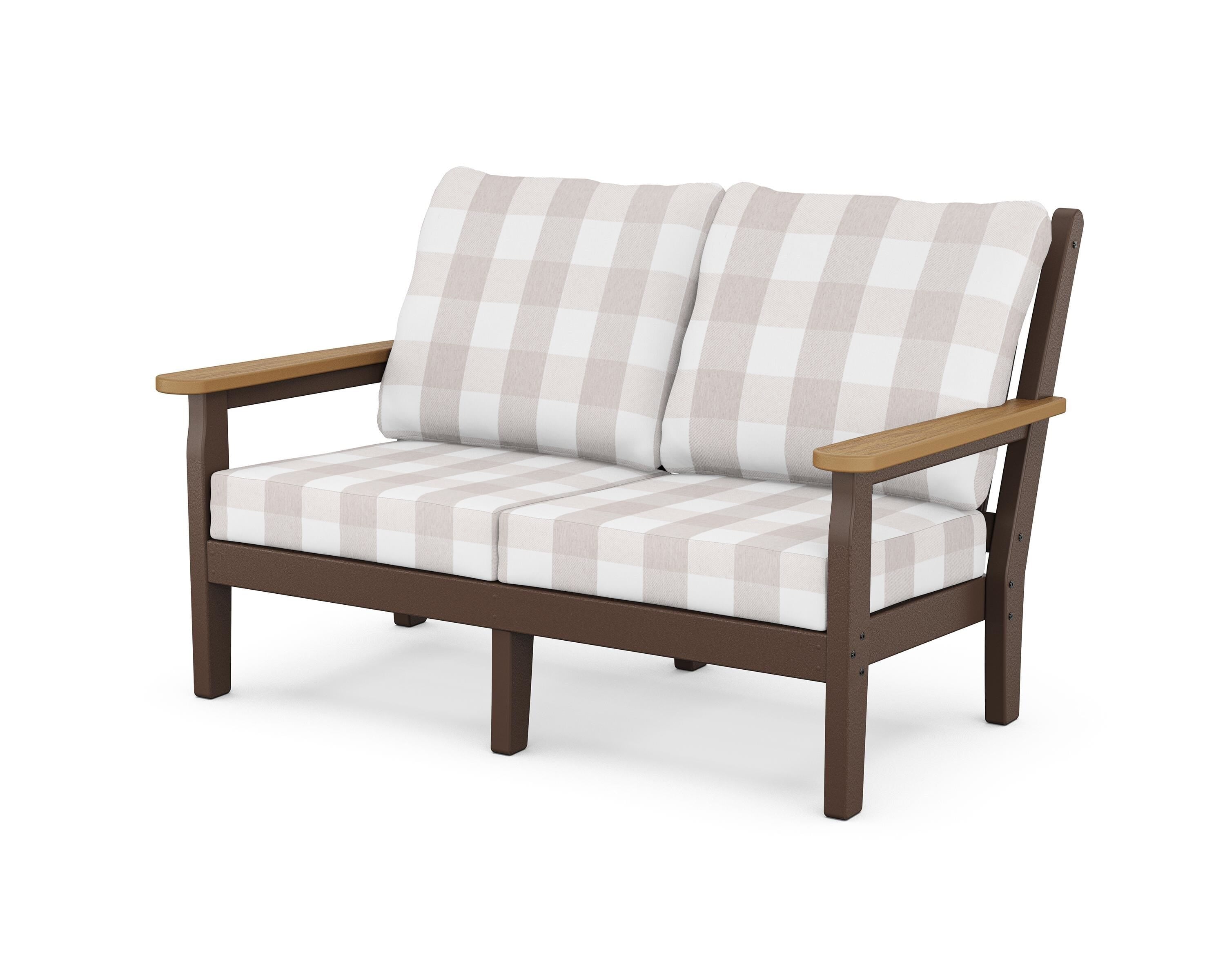 POLYWOOD® Chippendale Deep Seating Loveseat in Mahogany / Natural / Buffalo Plaid Dune Burlap