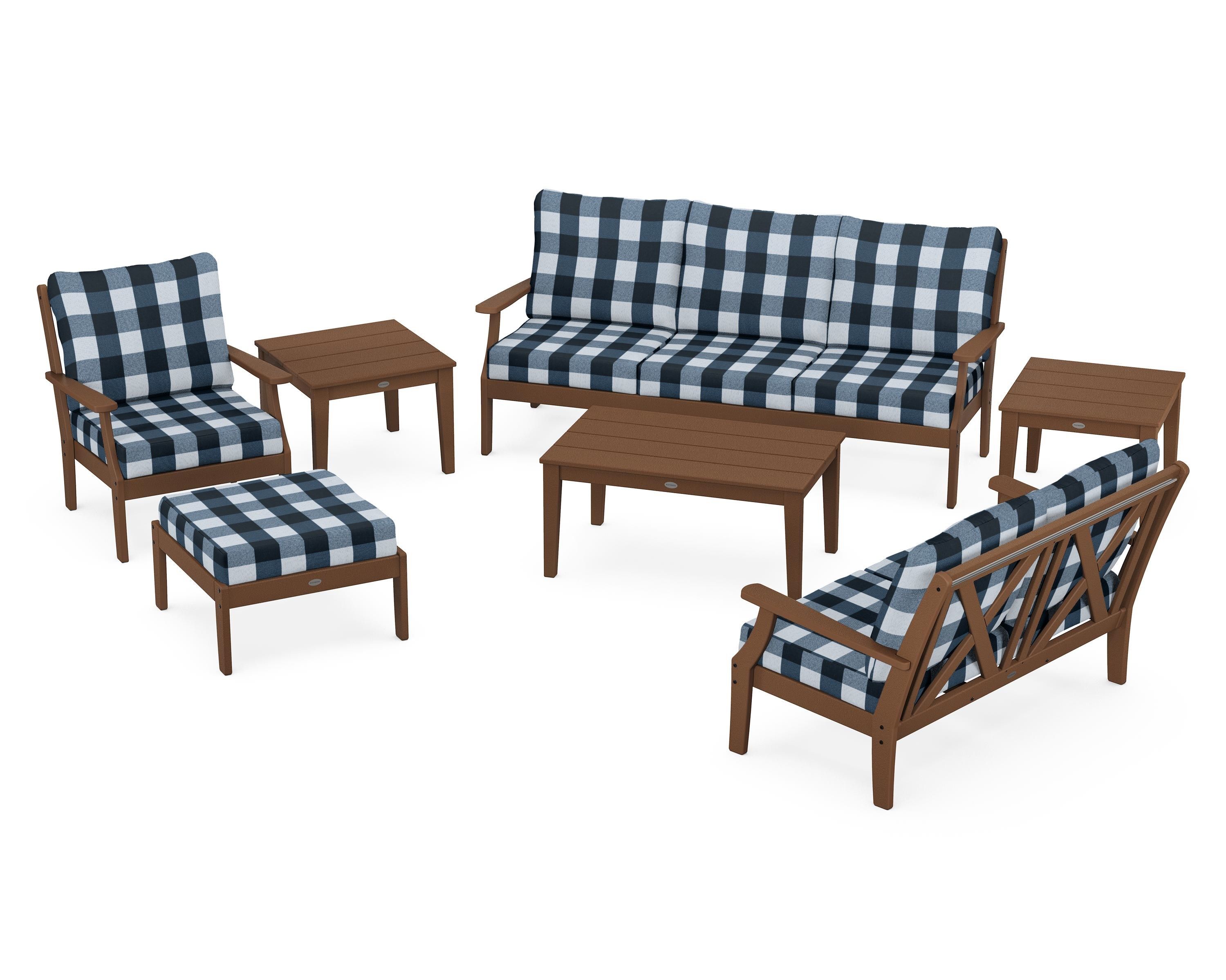 POLYWOOD® Braxton 7-Piece Deep Seating Set in Teak / Buffalo Plaid Marine Indigo