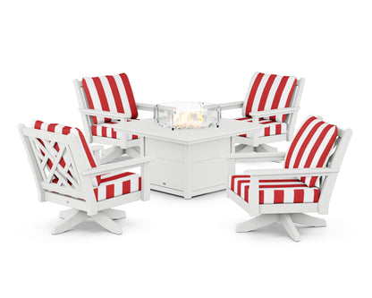 POLYWOOD® Chippendale 5-Piece Deep Seating Swivel Conversation Set with Fire Pit Table in White / Cabana Stripe Crimson