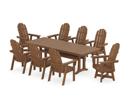 POLYWOOD® Vineyard 9-Piece Curveback Adirondack Swivel Farmhouse Dining Set with Trestle Legs in Teak