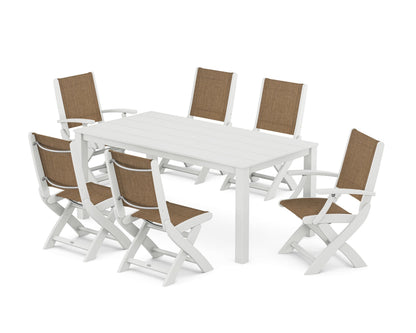 POLYWOOD® Coastal Folding Chair 7-Piece Parsons Dining Set in White / Burlap Sling