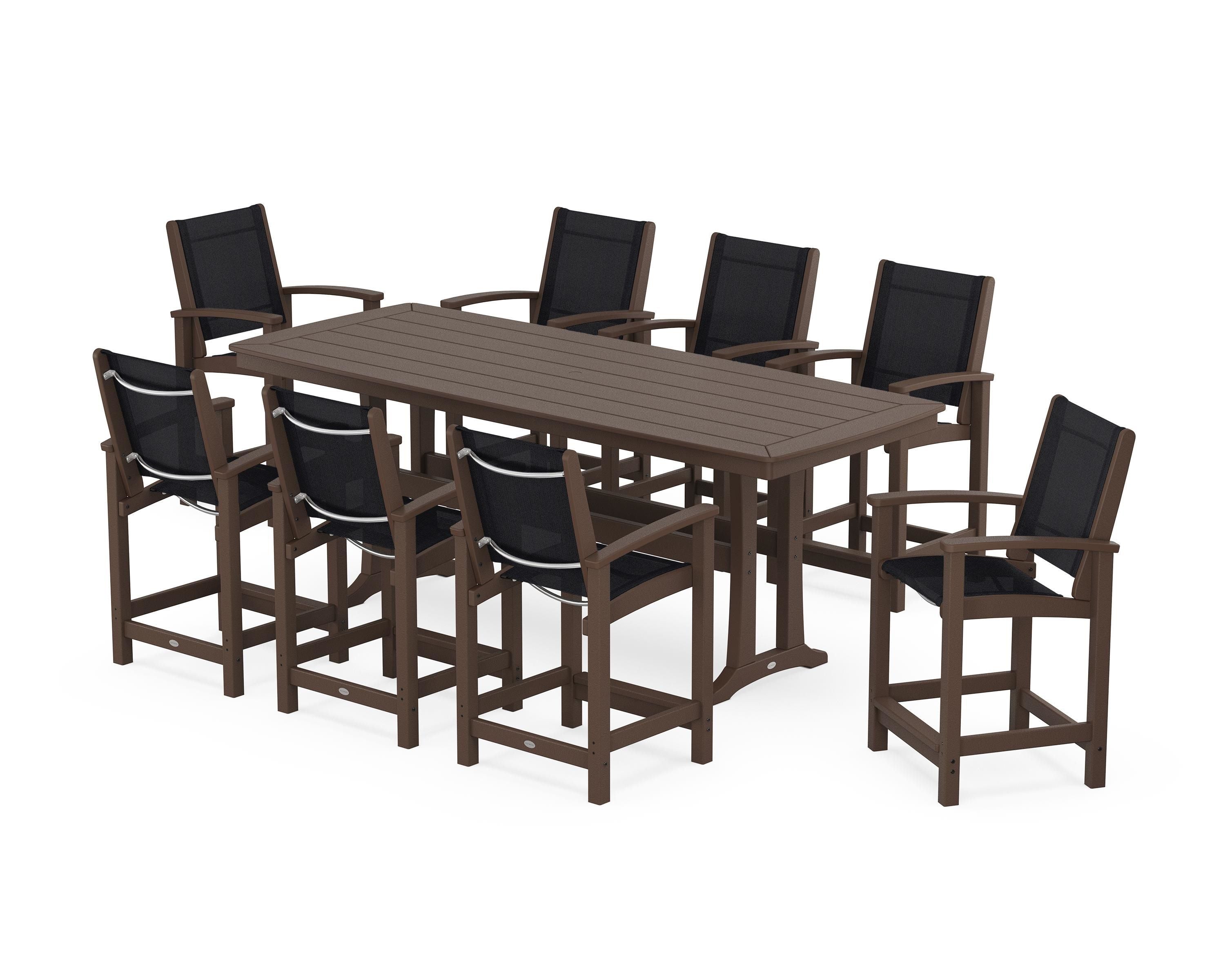 POLYWOOD® Coastal 9-Piece Counter Set with Trestle Legs in Mahogany / Black Sling