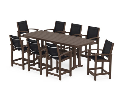 POLYWOOD® Coastal 9-Piece Counter Set with Trestle Legs in Mahogany / Black Sling