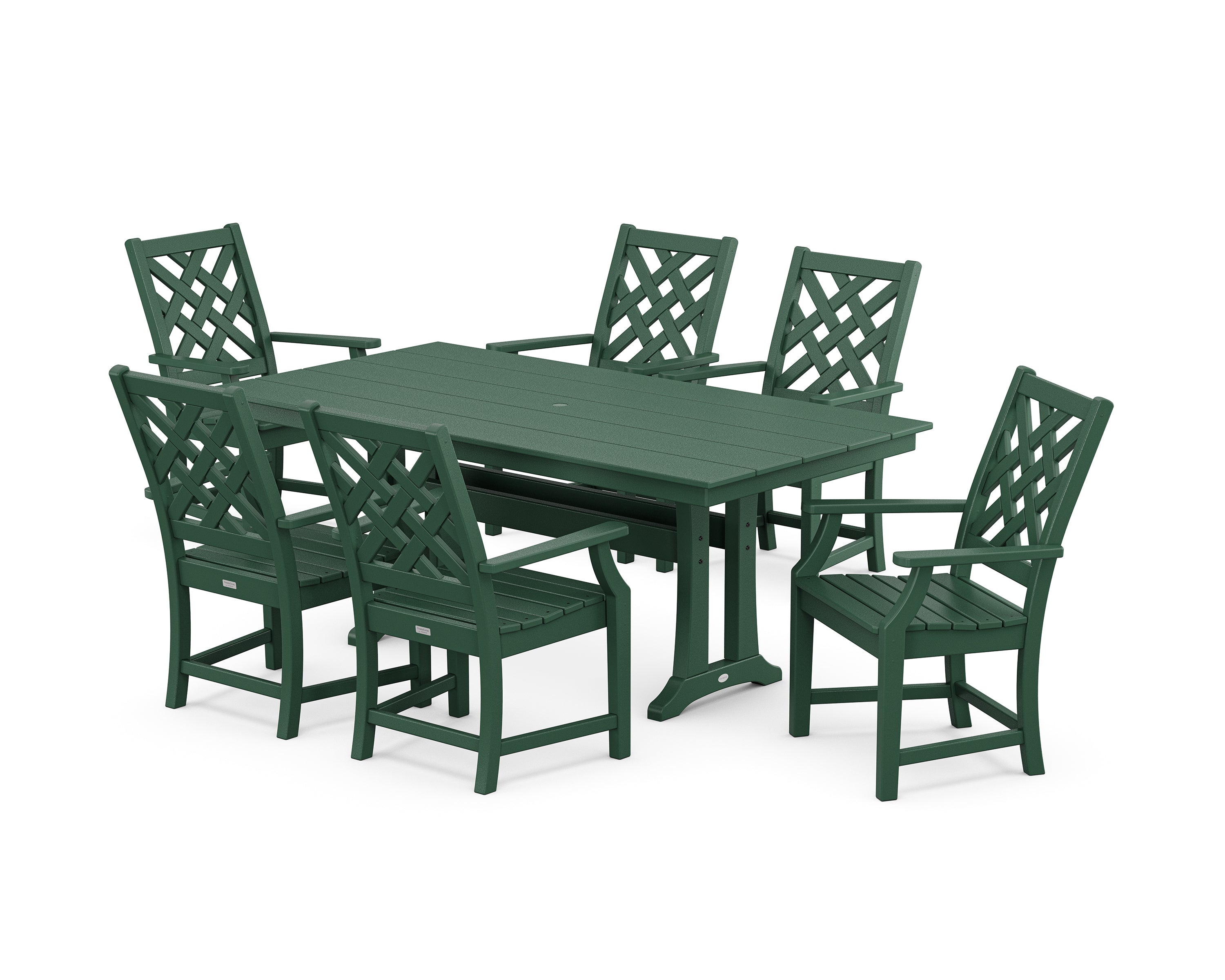 POLYWOOD® Wovendale Arm Chair 7-Piece Farmhouse Dining Set with Trestle Legs in Green