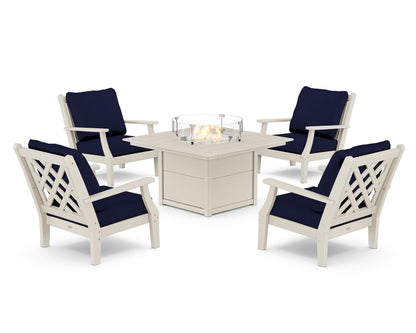 Country Living Wovendale 5-Piece Deep Seating Set with Fire Pit Table in Sand / Navy