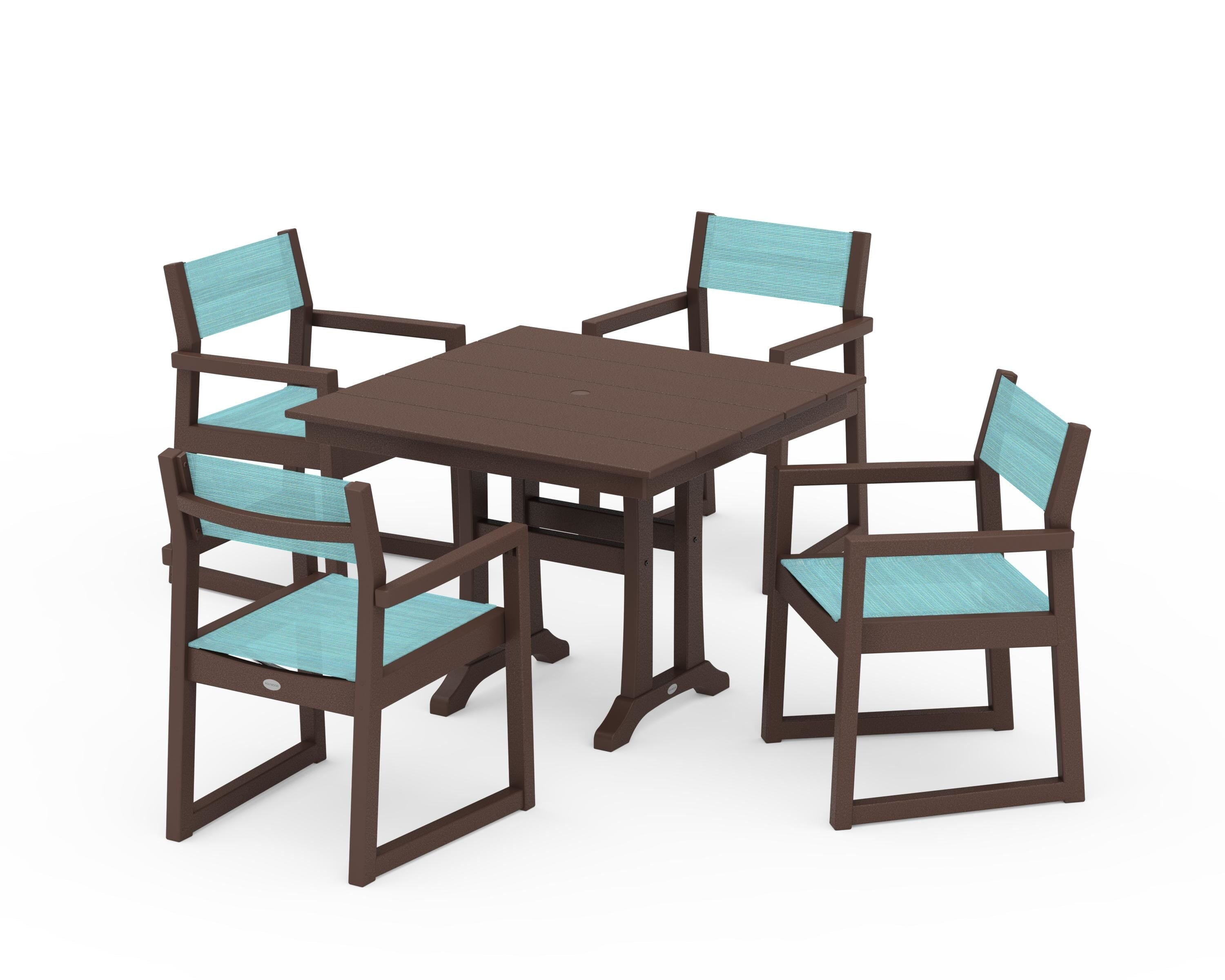 POLYWOOD® EDGE Sling 5-Piece Farmhouse Dining Set with Trestle Legs in Mahogany / Dupioni Aquamarine Sling