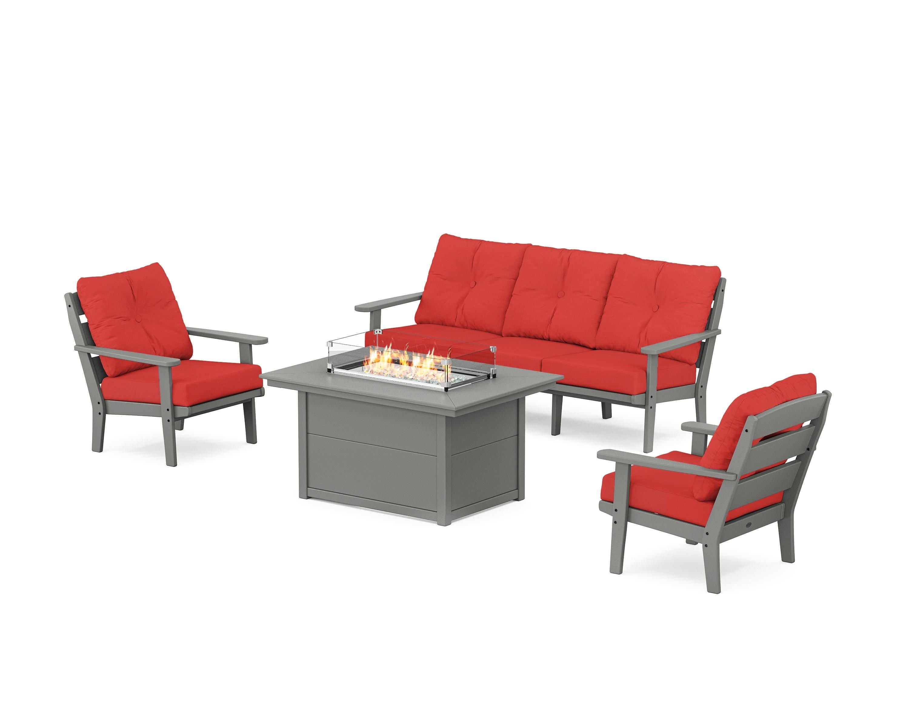 POLYWOOD® Lakeside Deep Seating Fire Pit Table Set in Slate Grey / Crimson Linen