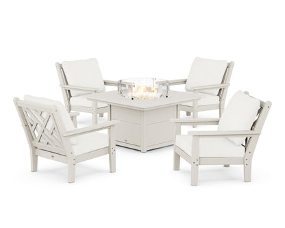 POLYWOOD® Chippendale 5-Piece Deep Seating Set with Fire Pit Table in Sand / Natural Linen