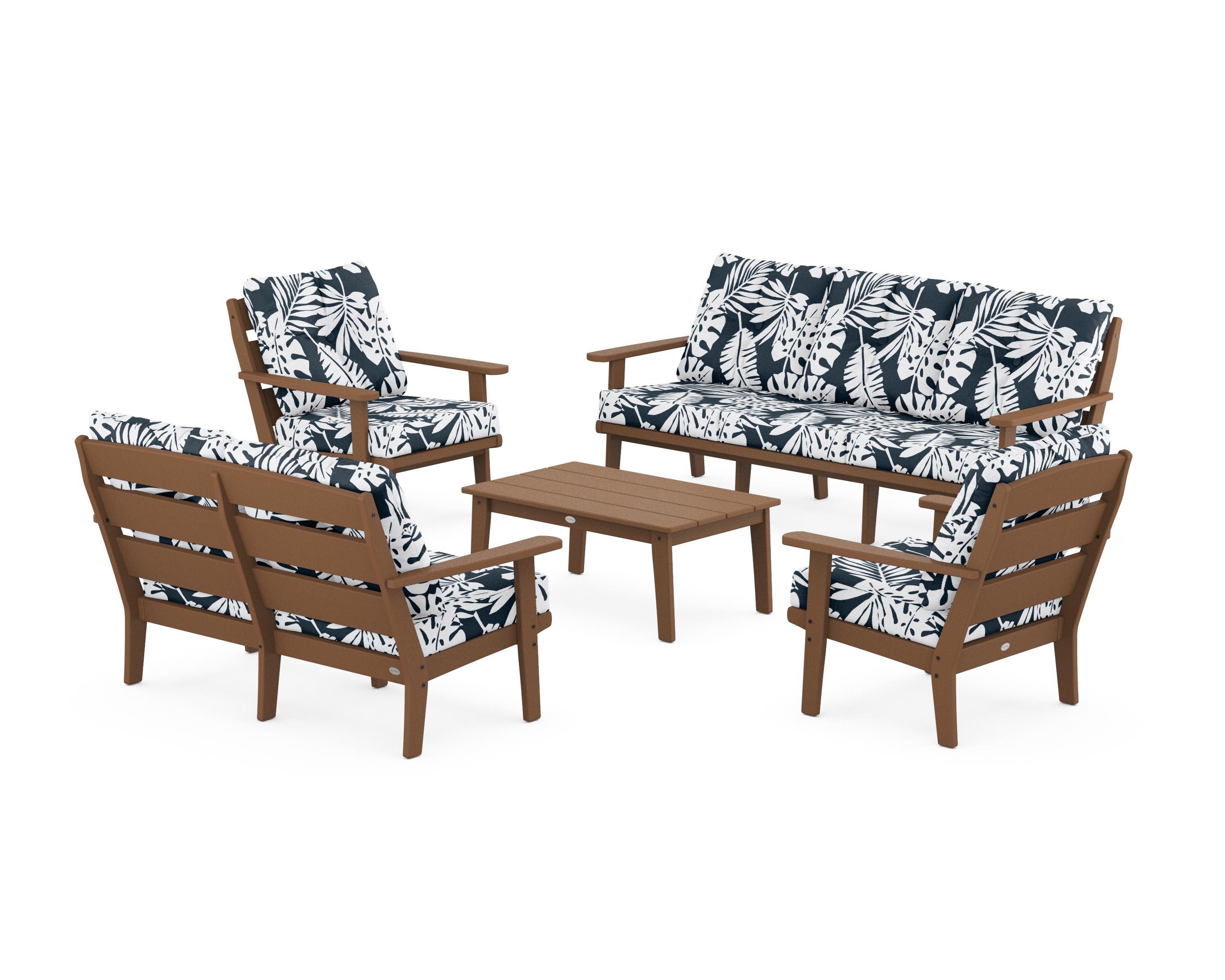 POLYWOOD® Lakeside 5-Piece Lounge Sofa Set in Teak / Leaf Marine Indigo