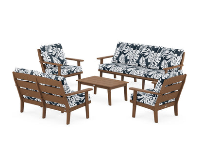 POLYWOOD® Lakeside 5-Piece Lounge Sofa Set in Teak / Leaf Marine Indigo