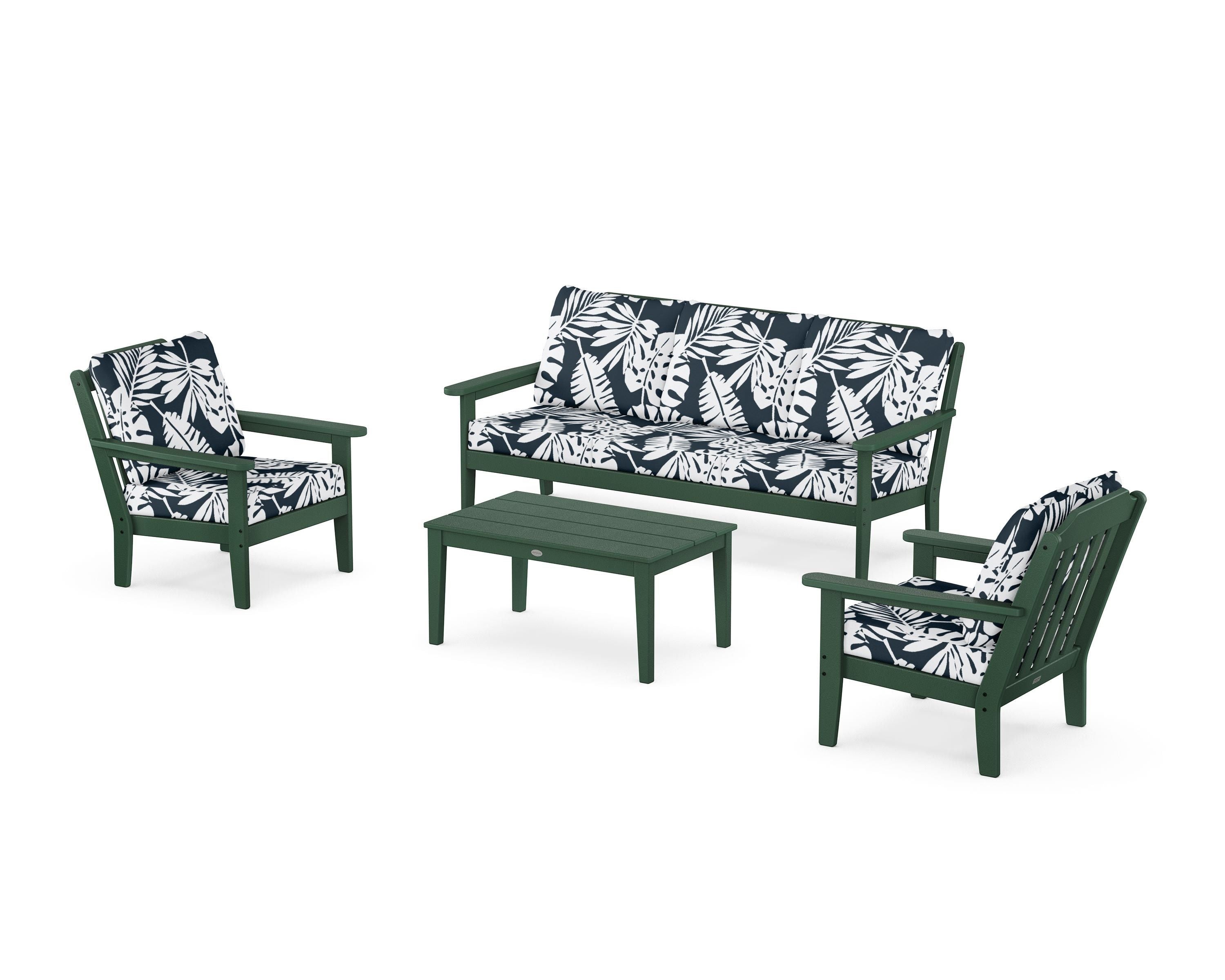Country Living Cottage 4-Piece Deep Seating Set with Sofa in Green / Leaf Marine Indigo