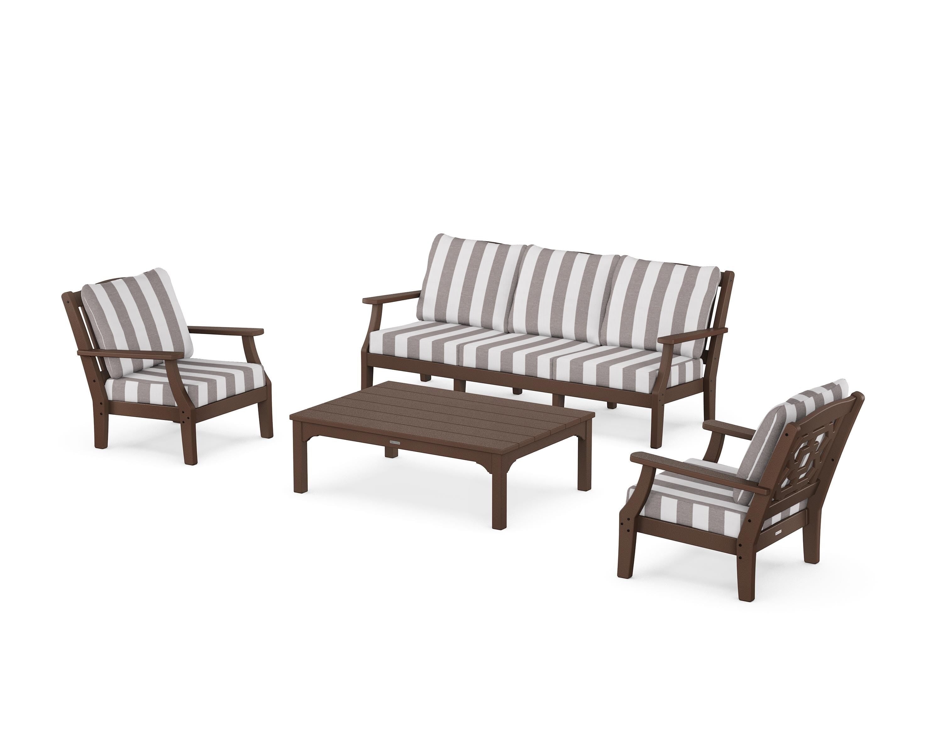 Martha Stewart by POLYWOOD® Chinoiserie 4-Piece Deep Seating Set with Sofa in Mahogany / Cabana Stripe Grey Mist