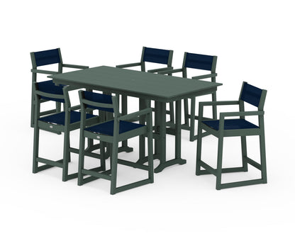 POLYWOOD® EDGE Sling Arm Chair 7-Piece Farmhouse Counter Set in Green / Navy Blue Sling