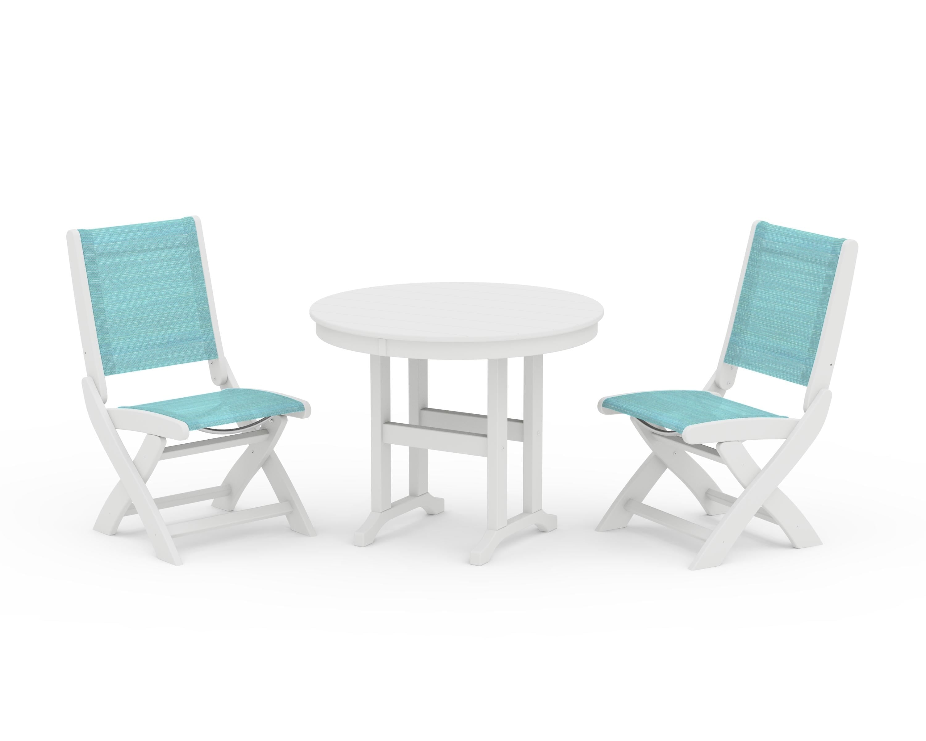 POLYWOOD® Coastal Folding Side Chair 3-Piece Round Dining Set in White / Dupioni Aquamarine Sling