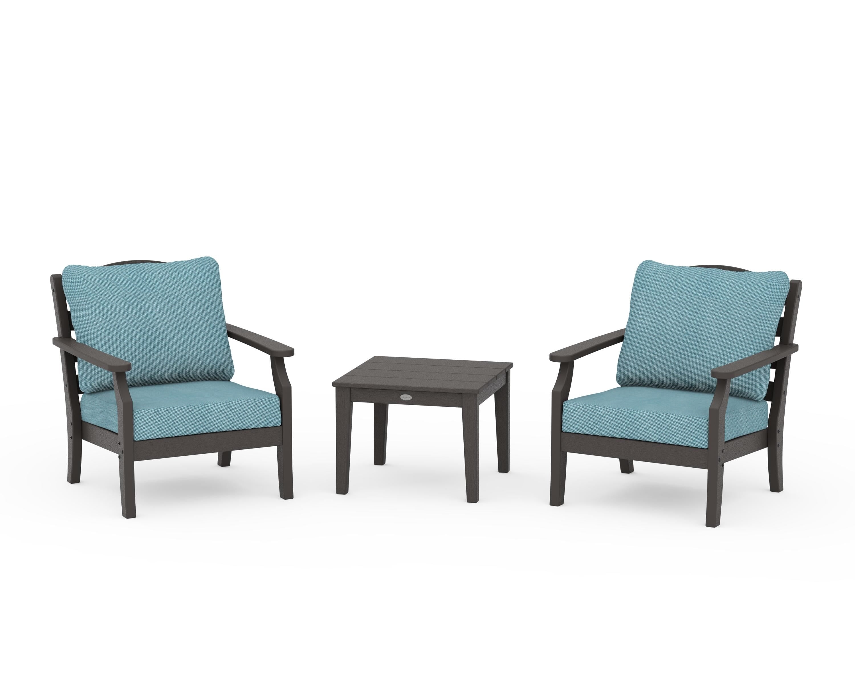 Draper James™ by  POLYWOOD® Savannah 3-Piece Deep Seating Set in Vintage Coffee / Lattice Sky Blue