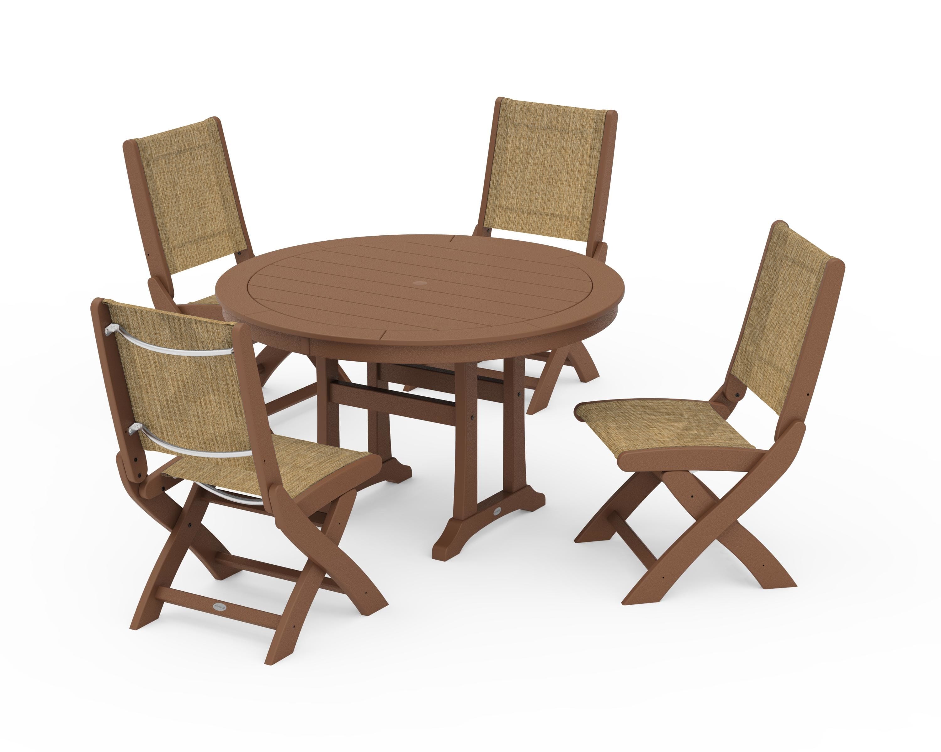 POLYWOOD® Coastal Folding Side Chair 5-Piece Round Dining Set With Trestle Legs in Teak / Burlap Sling