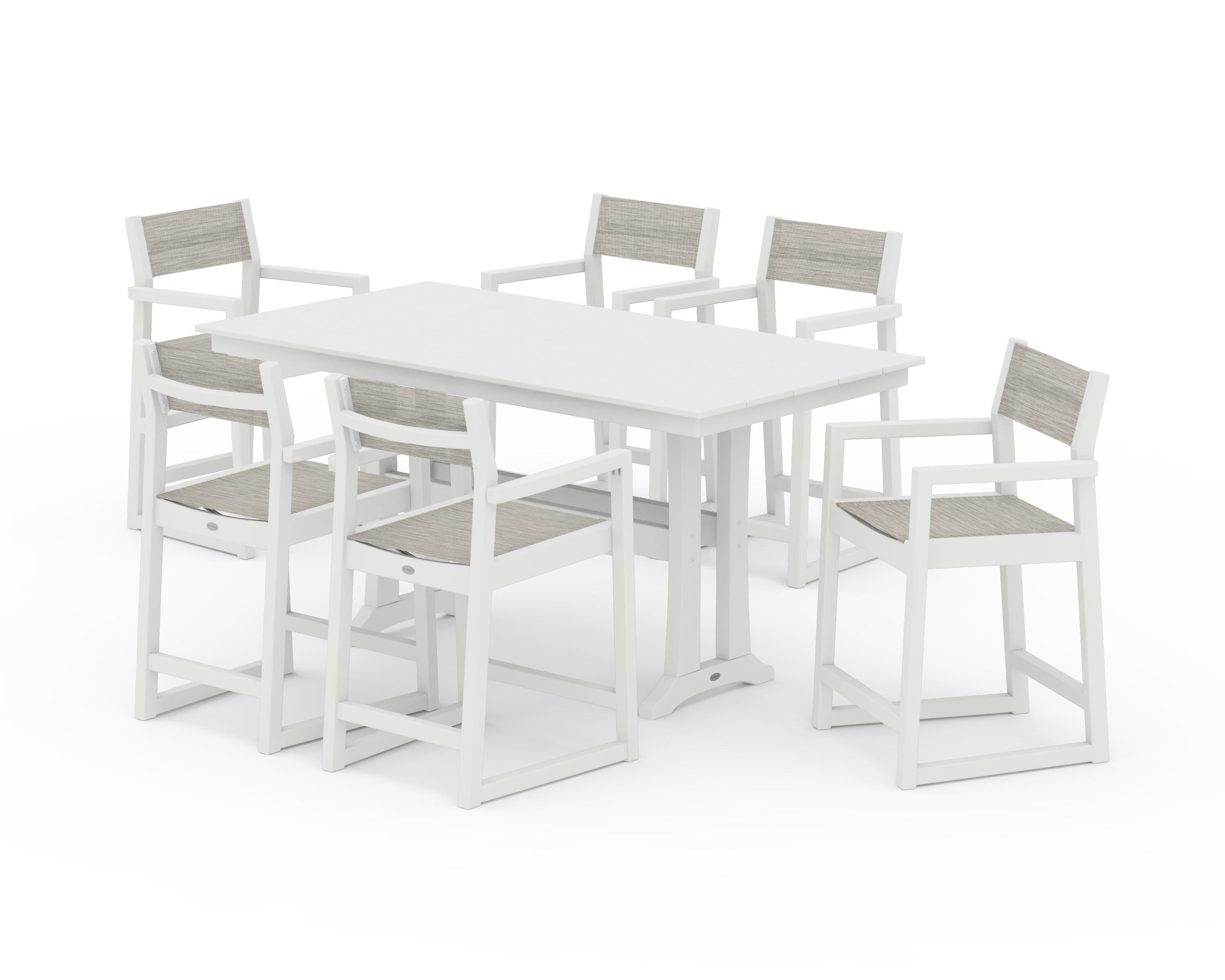 POLYWOOD® EDGE Sling Arm Chair 7-Piece Farmhouse Counter Set with Trestle Legs in White / Birch Sling