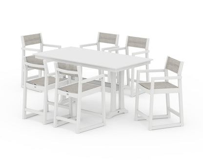 POLYWOOD® EDGE Sling Arm Chair 7-Piece Farmhouse Counter Set with Trestle Legs in White / Birch Sling