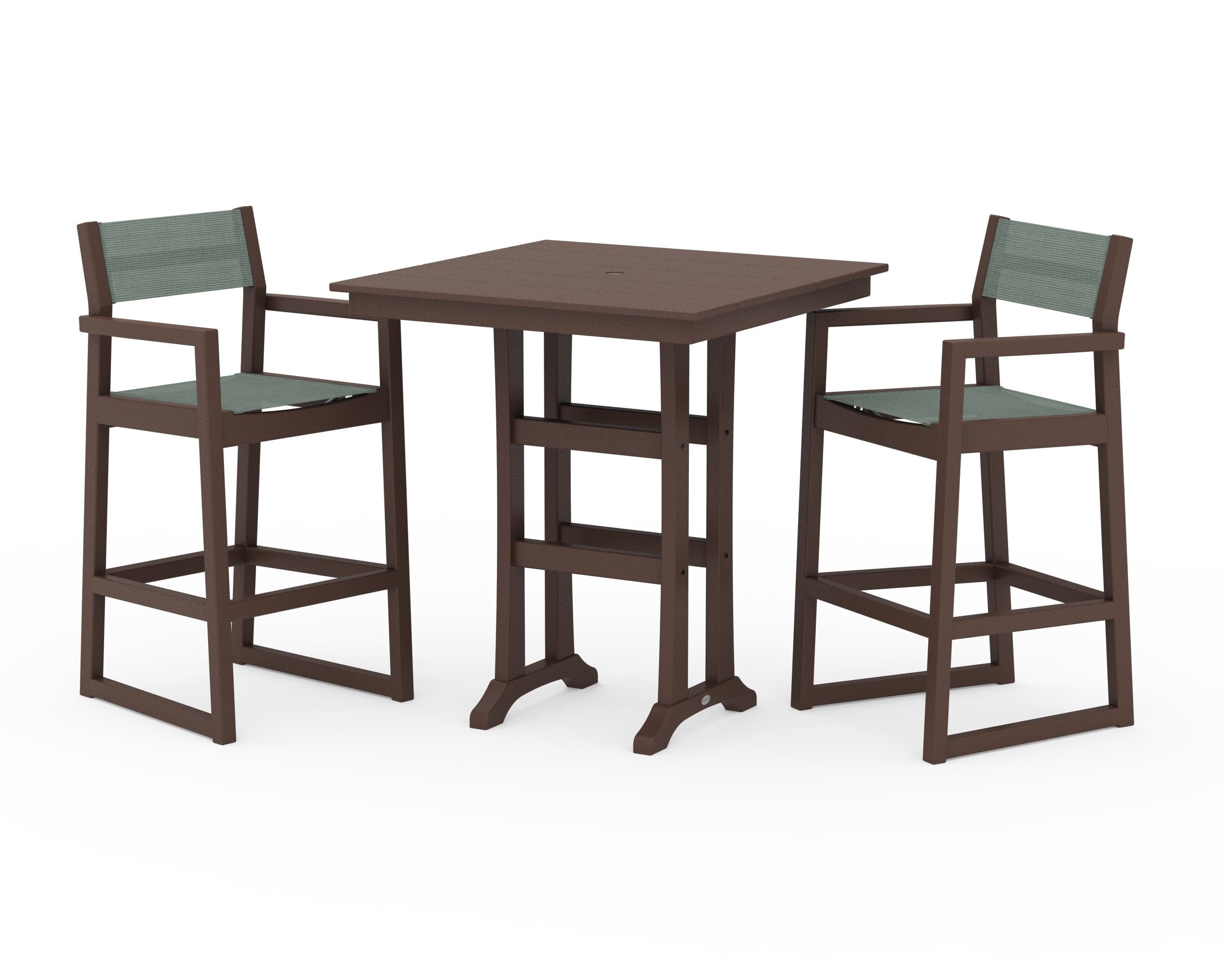 POLYWOOD® EDGE Sling Arm Chair 3-Piece Farmhouse Bar Set with Trestle Legs in Mahogany / Dupioni Sea Mist Sling