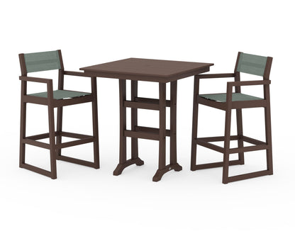POLYWOOD® EDGE Sling Arm Chair 3-Piece Farmhouse Bar Set with Trestle Legs in Mahogany / Dupioni Sea Mist Sling