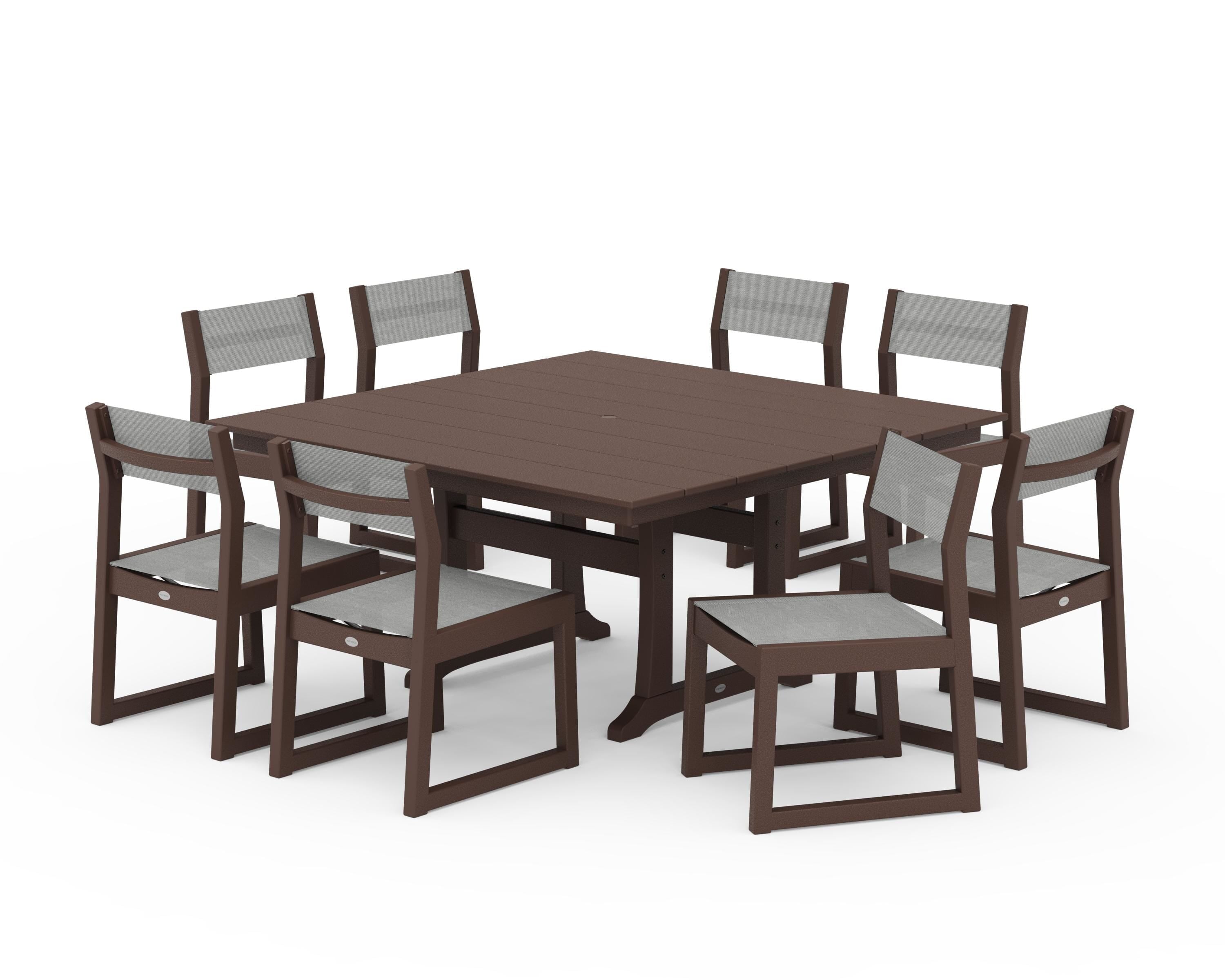 POLYWOOD® EDGE Sling Side Chair 9-Piece Farmhouse Trestle Dining Set in Mahogany / Metallic Sling
