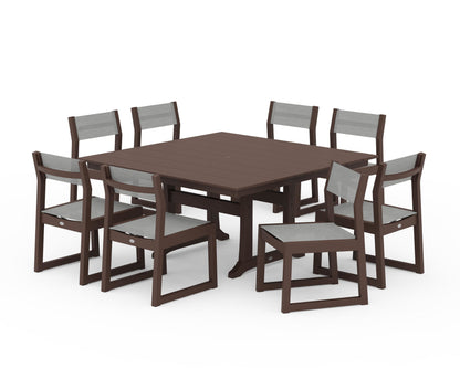 POLYWOOD® EDGE Sling Side Chair 9-Piece Farmhouse Trestle Dining Set in Mahogany / Metallic Sling