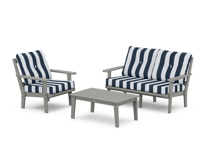 POLYWOOD® Prairie 3-Piece Deep Seating Set with Loveseat in Slate Grey / Cabana Stripe Marine Indigo