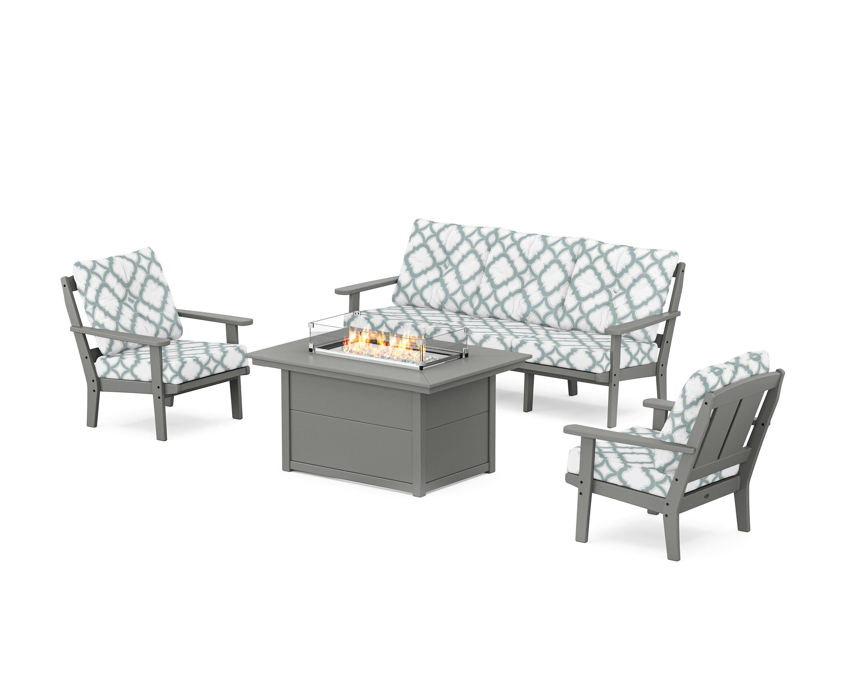POLYWOOD® Mission Deep Seating Fire Pit Table Set in Slate Grey / Trellis Glacier Spa