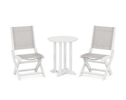 POLYWOOD® Coastal Folding Side Chair 3-Piece Round Bistro Dining Set in White / Parchment Sling
