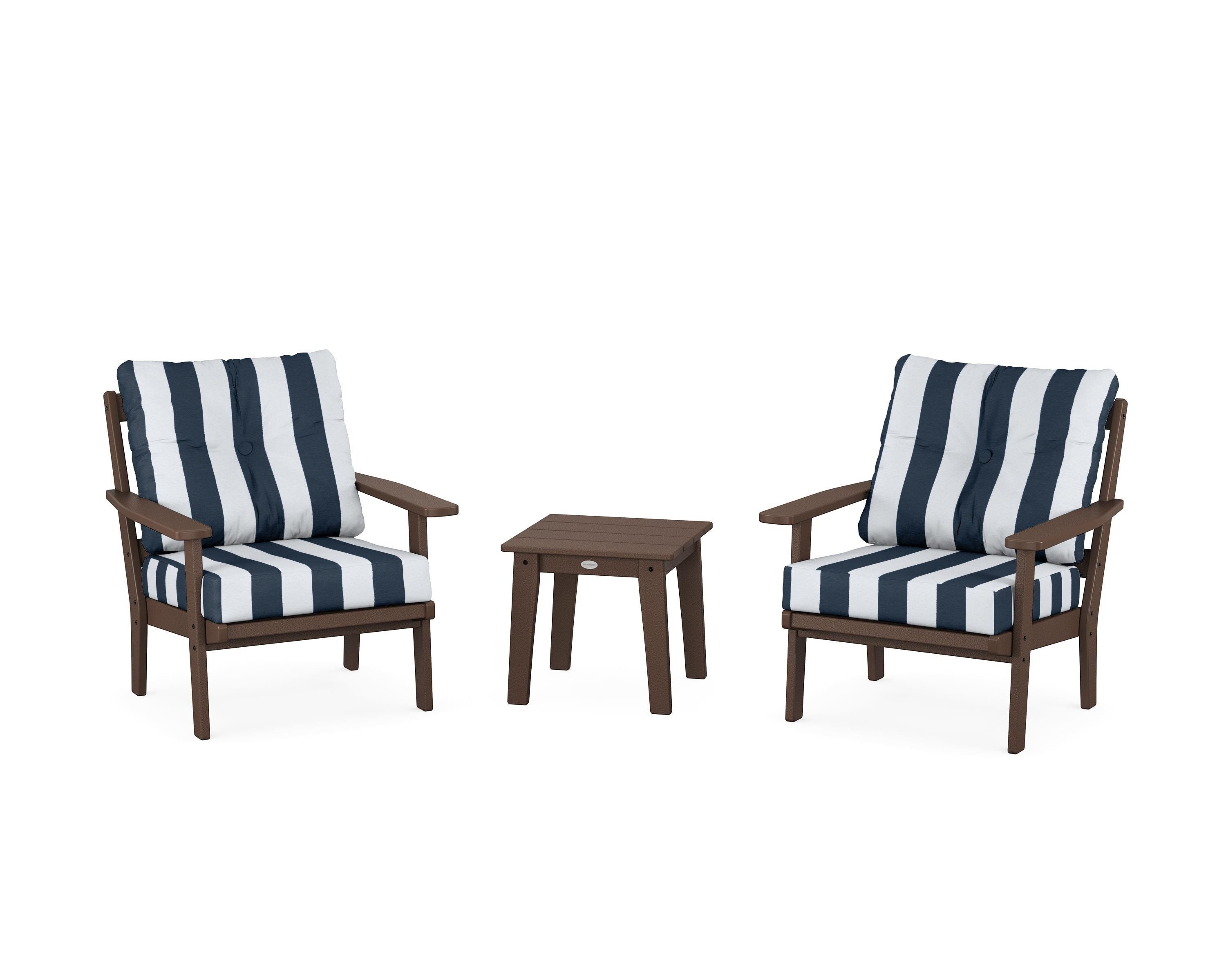 POLYWOOD® Prairie 3-Piece Deep Seating Set in Mahogany / Cabana Stripe Marine Indigo