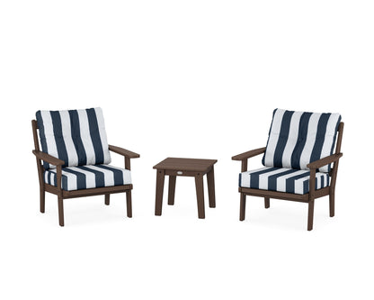 POLYWOOD® Prairie 3-Piece Deep Seating Set in Mahogany / Cabana Stripe Marine Indigo