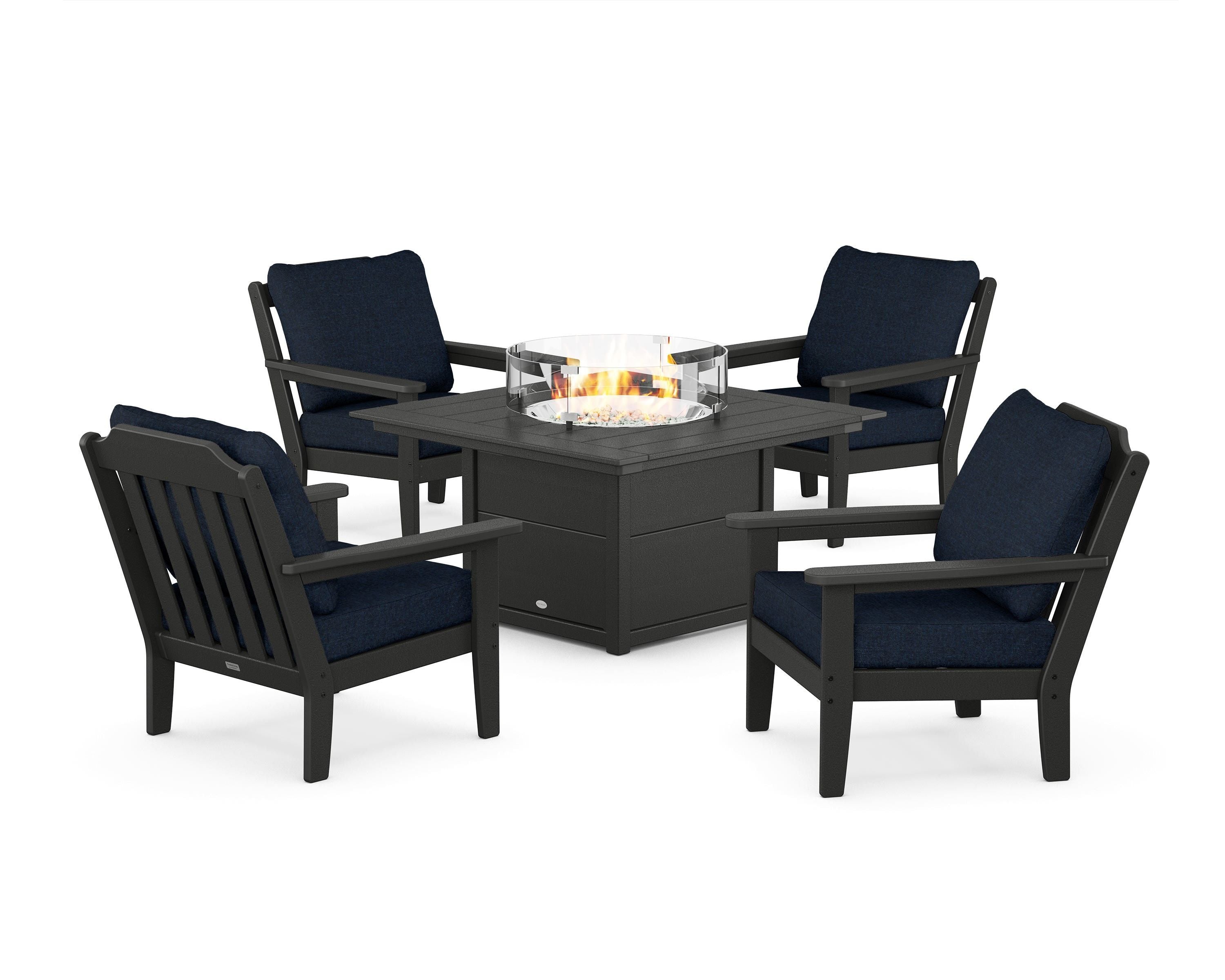 Country Living Cottage 5-Piece Deep Seating Set with Fire Pit Table in Black / Marine Indigo