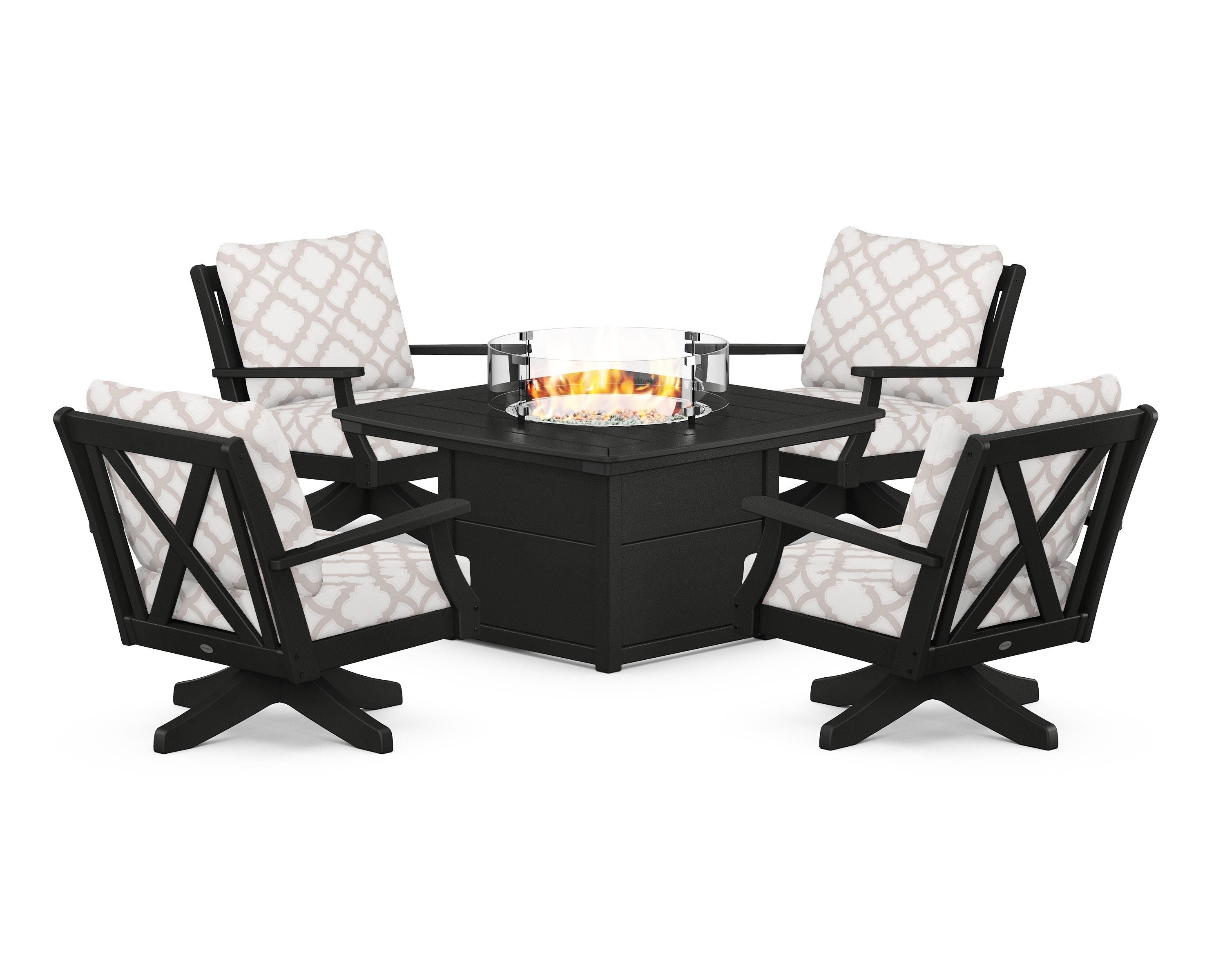 POLYWOOD® Braxton 5-Piece Deep Seating Swivel Conversation Set with Fire Pit Table in Black / Trellis Dune Burlap