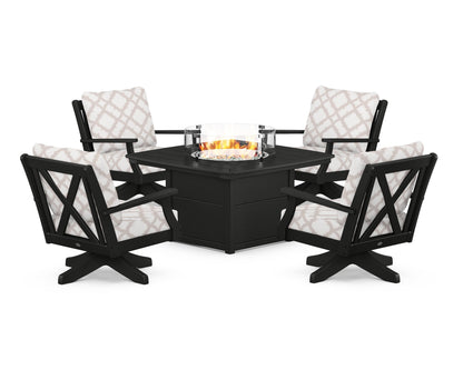 POLYWOOD® Braxton 5-Piece Deep Seating Swivel Conversation Set with Fire Pit Table in Black / Trellis Dune Burlap