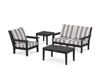 POLYWOOD® Chippendale 4-Piece Deep Seating Set in Black / Cabana Stripe Grey Mist