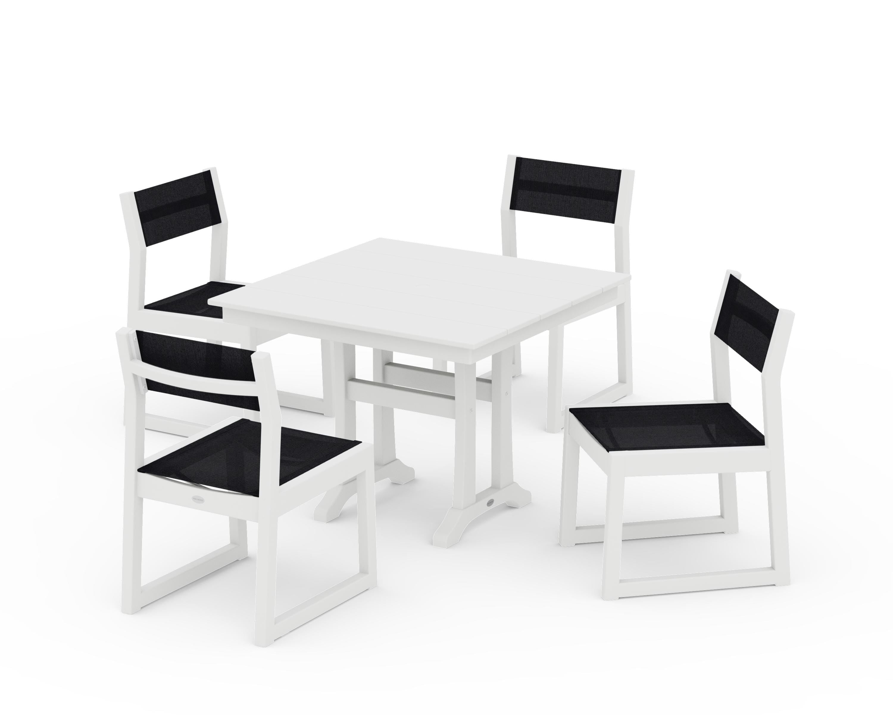 POLYWOOD® EDGE Sling 5-Piece Farmhouse Trestle Side Chair Dining Set in White / Black Sling