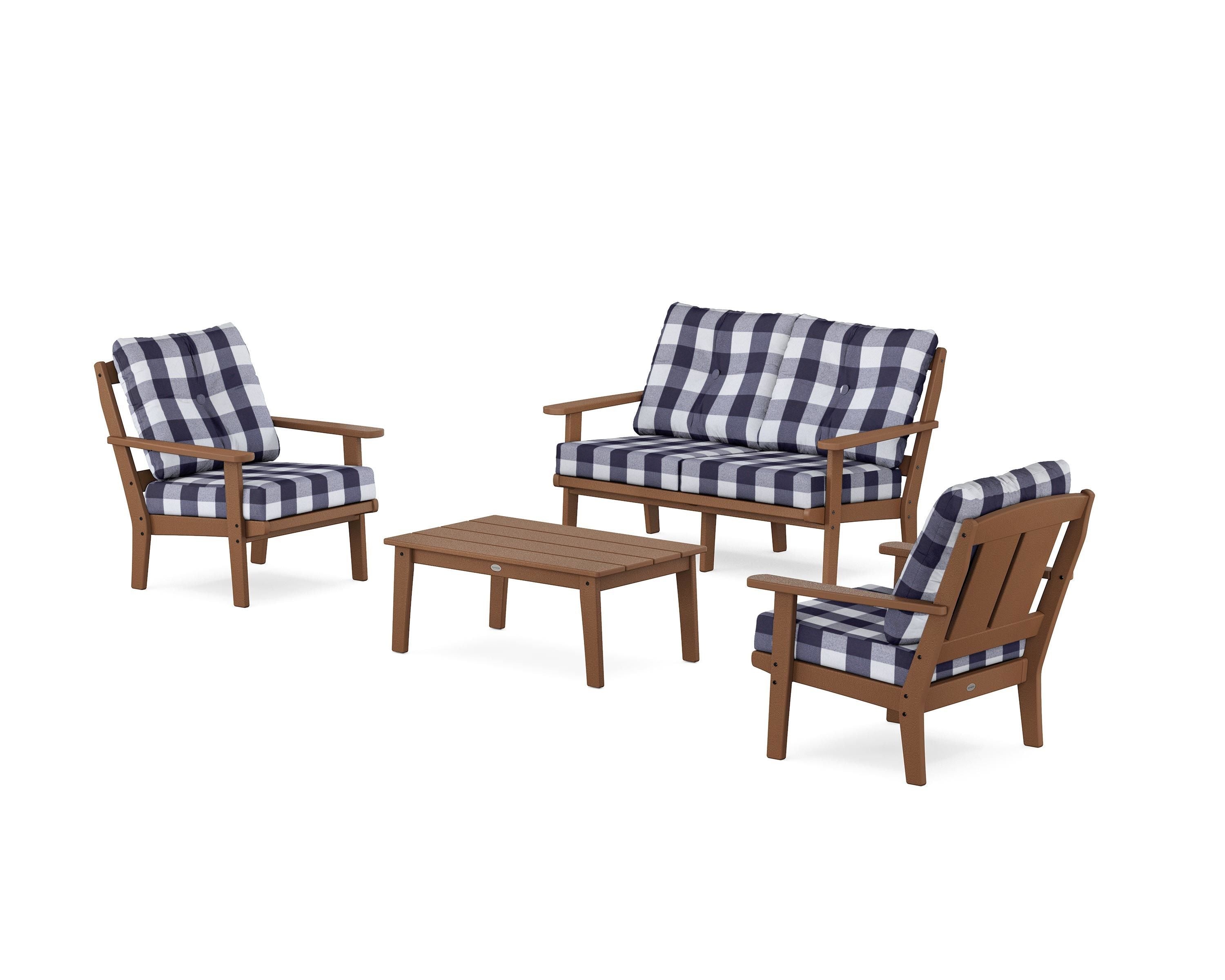 POLYWOOD® Mission 4-Piece Deep Seating Set with Loveseat in Teak / Buffalo Plaid Navy