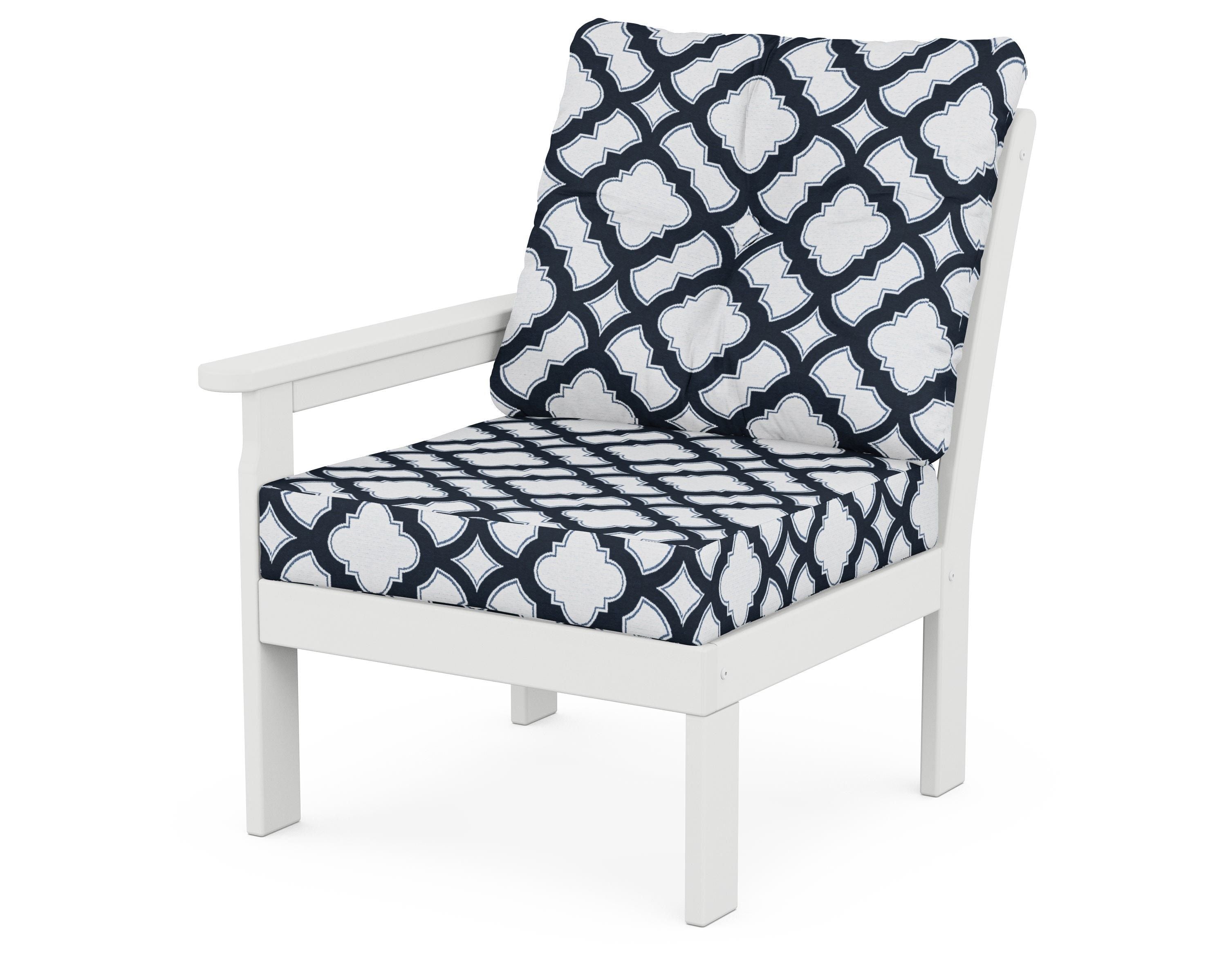 POLYWOOD® Vineyard Modular Left Arm Chair in White / Trellis Marine Indigo